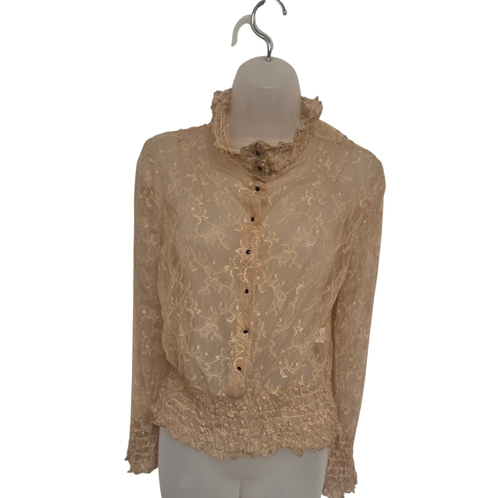 Alice + Olivia Beige Sheer Floral Lace Smocked Ruffle Neck Blouse Top Medium